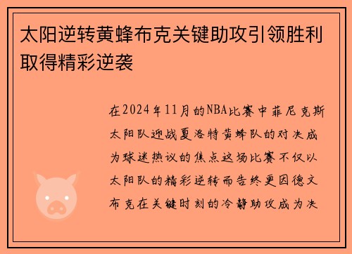 太阳逆转黄蜂布克关键助攻引领胜利取得精彩逆袭