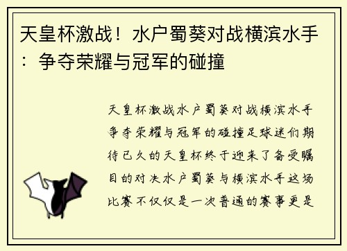 天皇杯激战！水户蜀葵对战横滨水手：争夺荣耀与冠军的碰撞