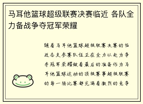 马耳他篮球超级联赛决赛临近 各队全力备战争夺冠军荣耀